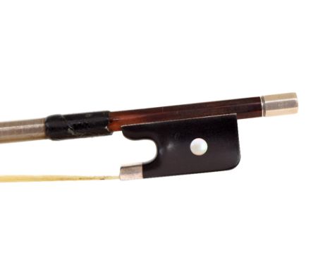 Silver mounted violoncello bow, unstamped, the stick round, the ebony frog inlaid with pearl eyes and with a silver overlaid 