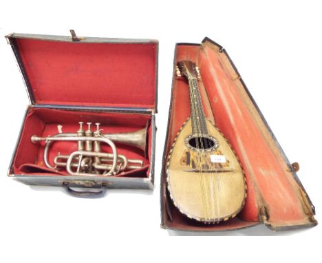 Old Neapolitan mandolin, unlabelled, case; also a silver plated bugle stamped E.J. Buckman, case (2)