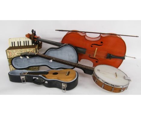Ozark five string banjo, a Tanglewood Union Series ukulele, case, Hohner Student I piano accordion and a child's violoncello 