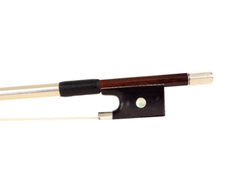 Silver mounted violin bow, unstamped, the stick round, the ebony frog inlaid with pearl eyes and with a silver overlaid ebony