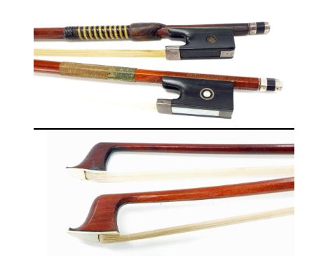 German silver mounted violin bow stamped Gustav Schindler ***, the stick round, the ebony frog inlaid with silver rings enclo