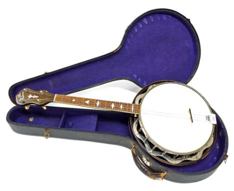 The Gibson TB-2 tenor banjo, 1925, serial no. 8043-14, with short scale (19"), 16 fret fingerboard, 10.5" skin, within a hard