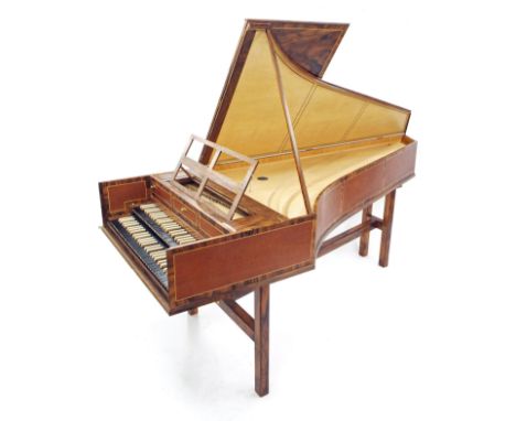 Fine contemporary English walnut, tulipwood and satinwood crossbanded double manual harpsichord by Geoff Hughes, with 58 plus