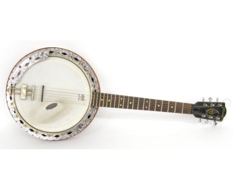 Framus six string guitar banjo, with 22.5" scale and 11" skin, hard case