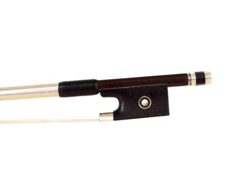 Silver mounted violin bow stamped Francios Lotte, the stick round, the ebony frog inlaid with silver rings enclosing pearl ey