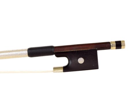 Nickel mounted violin bow, faintly stamped, the stick round, the ebony frog inlaid with pearl eyes and the ebony adjuster wit