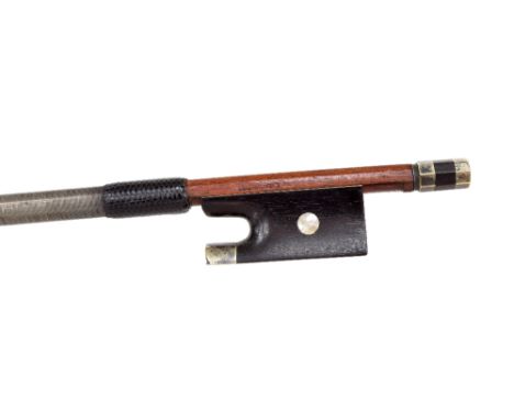 Nickel mounted violin bow stamped L. Morizot, the stick round, the ebony frog inlaid with pearl eyes and the ebony adjuster w