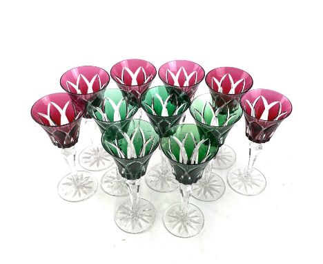 A set of six St Louis ruby overlay crystal wine goblets, height 20.5cm together with a set of five St Louis green overlay win