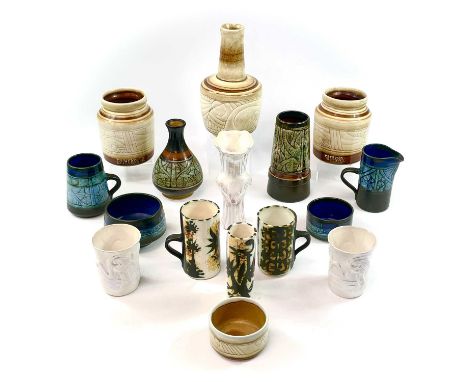 A collection of Celtic pottery, including vases, mugs, bowls, and a jug together with three items from the Sunset pottery (bo
