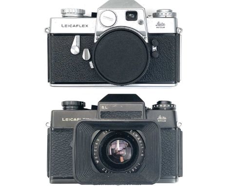 A Leica Leicaflex SL SLR black 1973 batch 800 serial number 1342749 with a Leitz Wetzlar Serial number 2441653 ELMARIT-R 1:2,