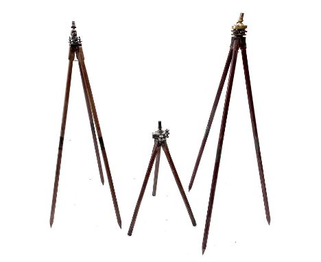 An early 20th century theodolite adjustable tripod with brass mounts, height 140cm, together with two other theodolite tripod