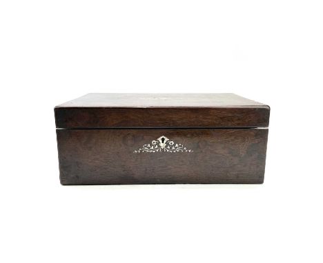 A Victorian rosewood and mother of pearl inlaid writing box, with fitted interior including two inkwells and secret drawers, 