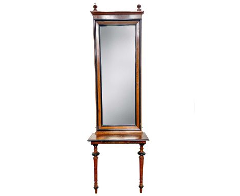 A figured walnut console table and pier mirror, late 19th century, with ebonised decoration, overall height 208cm, width 70.5