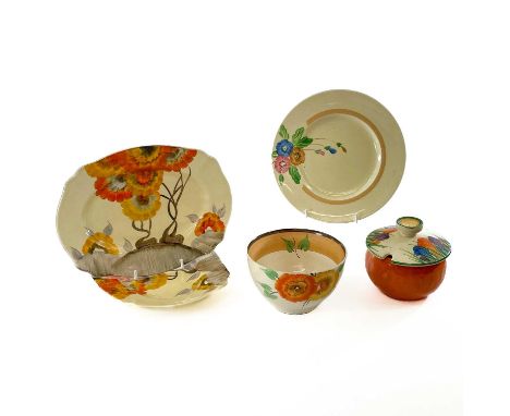 Clarice Cliff, a pair of Rhodanthe pattern plates, each of small rectangular shape, width 21cm, together with three other pie