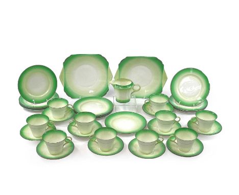 A Shelley tea set, pattern number W12323, with banded green borders, comprising; ten cups, 12 saucers, 12 side plates, two ca