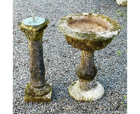 A reconstituted stone pedestal urn, height 70cm diameter 50cm together with a reconstituted stone sundial.