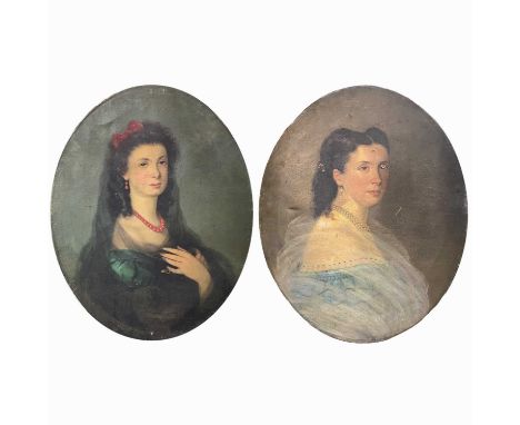 A pair of 19th century Continental portraits of ladies, one wearing a pearl triple strand necklace, the other a red ribbon in