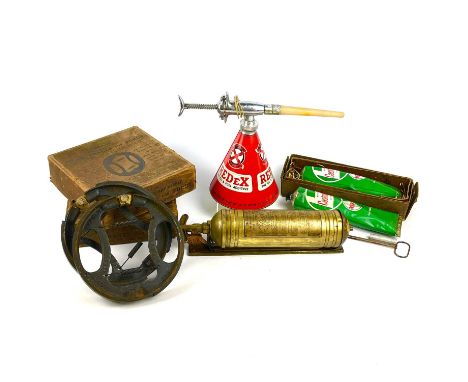 Vintage motoring accessories, including a Red X oil can dispenser, two tubes of Castrolese grease, Ferodo Ford rear brakes, a