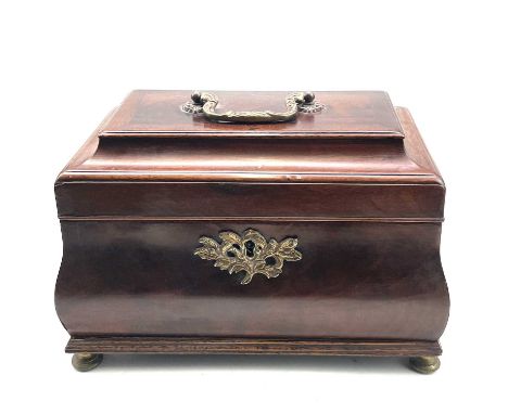 A George III mahogany and crossbanded brass mounted bombe shaped tea caddy, lacking original interior. Height 16cm, width 25c