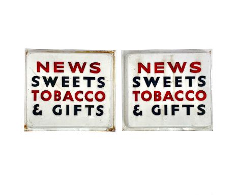 A vintage perspex newsagents sign, 'News Sweets Tobacco &amp; Gifts', 61X68cm, and another matching sign and a mounting board