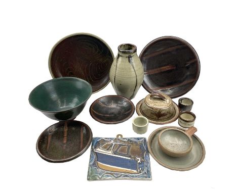 Studio pottery, including a Leach standard ware saucer and dish, a plaque by Frank Hamer, a Lostwithiel pottery bowl, and oth