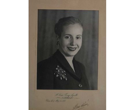 Eva Peron (1919–1952), a signed black and white photograph. First Lady of Argentina from 1946 until her death in 1952. Inscri