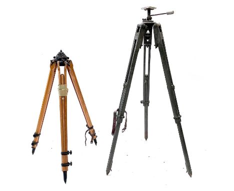 An E R Watts &amp; Sons military issue theodolite adjustable tripod with lacquered brass mounts impressed with a broad arrow,