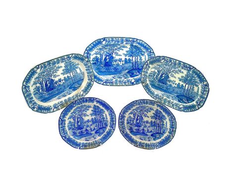 Three graduated Davenport blue and white meat plates, circa 1850, transfer printed with two figures before a village, the lar