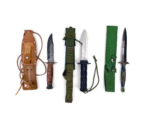 A US style special forces dagger, the blade inscribed Haller, length 31cm, together with two hunting knives and sheaths (3)
