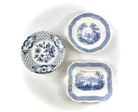Eight Meissen blue and white onion reticulated plates, diameter 20.5cm together with two Davenport dishes.Lot 915One plate is