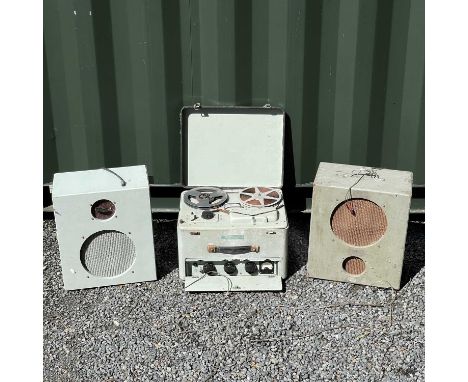 A Wright &amp; Weaire Ltd Admiralty pattern reel to reel tape recorder and two speakers.