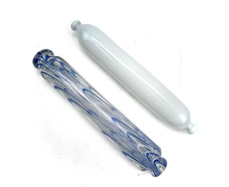 A Victorian Nailsea type clear glass rolling pin, with opaque blue and white striations, length 35cm, together with an opaque