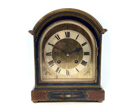 A Mappin &amp; Webb Chinoiserie mantle clock with a Winterhalder &amp; Hofmeier movement decorated in gilt lacquer with figur