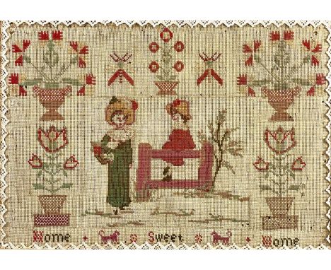 A Victorian framed wool work sampler, Home Sweet Home, worked with two children, flower pots, and two dogs, 42X60cm, oak fram