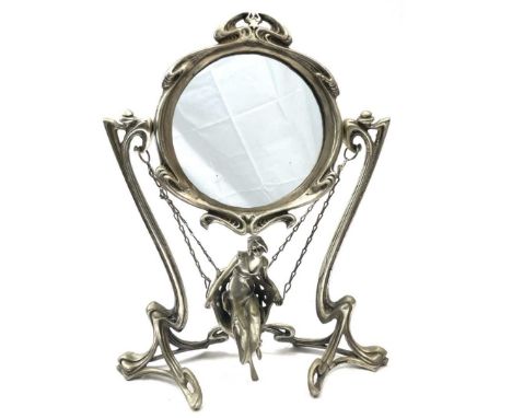 An Art Nouveau style silver plated swing mirror, stamped Erte, Paris, modelled with a lady on a swing, height 45cm.