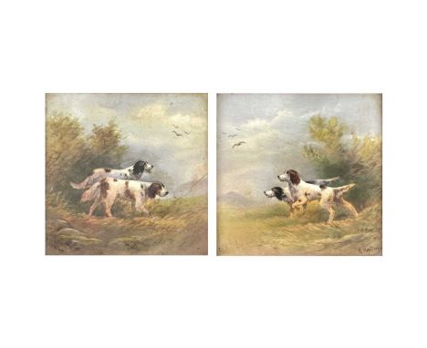 A pair of Feildings Crown Devon pottery wall plaques decorated with two gun dogs hunting by R. Hinton in original oak frames 