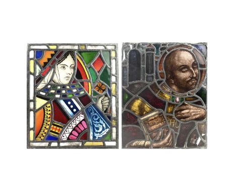 Two 17th/18th century stained glass panels, the first of a queen, the second depicting a saint with a book, the larger measur