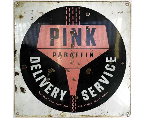 An enamel single sided 'Pink Paraffin Delivery Service' advertising sign, 42cm square.Originally from Cowls &amp; Sons Garage