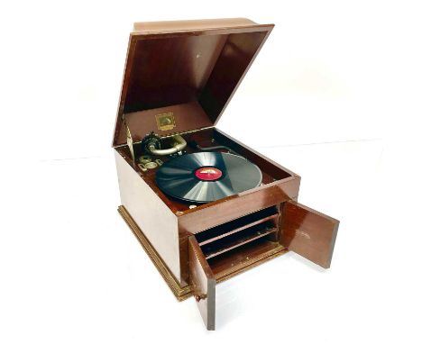 An HMV model 109 tabletop mahogany gramophone, 1920s, with No 4 pick-up and twin front speaker doors, height 34cm, width 40cm