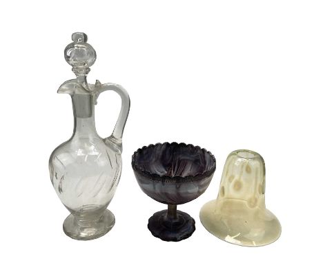 An Art Nouveau vaseline glass light shade, probably James Powell, height 14cm, together with a  late Victorian claret jug and