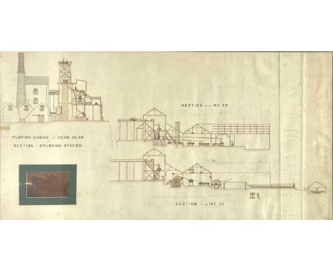 An early 20th century technical drawing of possibly Dolcoath mine Pumping Engine and Head Gear with Section of Crushing Stati