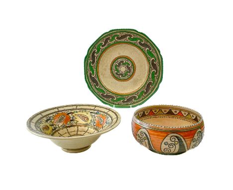 Charlotte Rhead, a Crown Ducal bowl, with gilt and foliate tube-lined decoration, diameter 25cm, together with another bowl a
