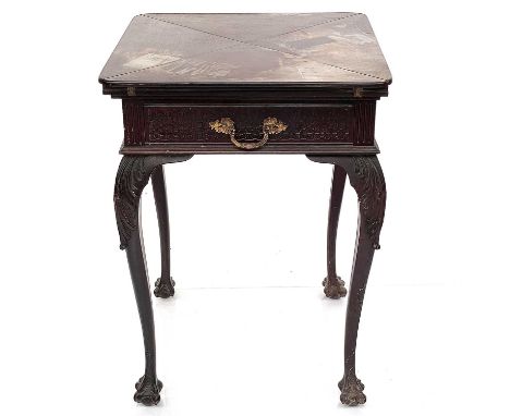 A James Shoolbred &amp; Co mahogany envelope fold top card table, with baised top and counter dishes, fitted a single drawer,