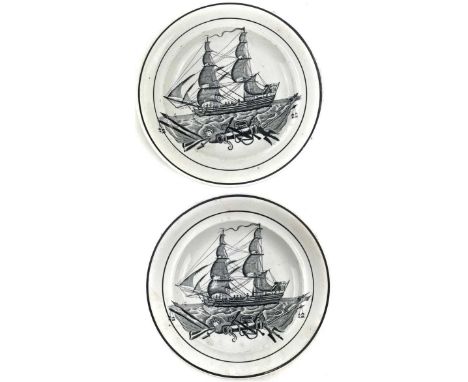 A pair of pearlware maritime plates, probably Swansea, circa 1850, printed in black with twin masted sailing ship and militar