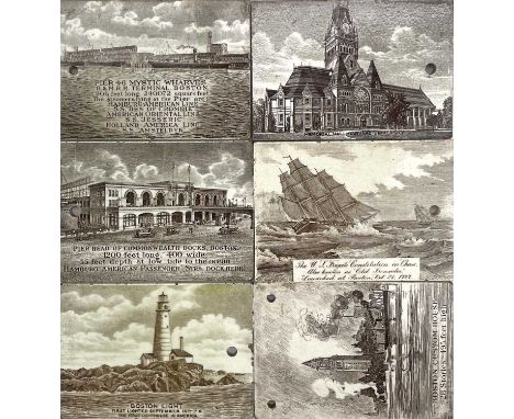 An unusual group of six Wedgwood advertising Calendar tiles, for the American market, printed in sepia with views of Boston a