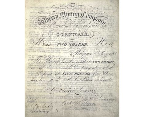 A Wherry Mining Company Mount's Bay Penzance share certificate, printed on vellum, dated 2nd May 1836, the back mentions the 