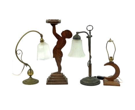 An Edwardian brass adjustable table lamp, with swept support and opaque glass shade, height 41cm, together with another simil