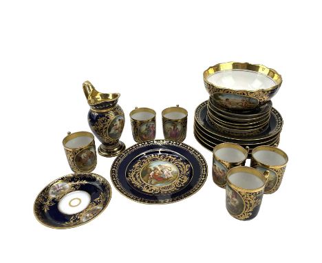 A Vienna porcelain coffee set, circa 1890, painted with Classical scenes, many titled, within gilt and Royal blue borders and