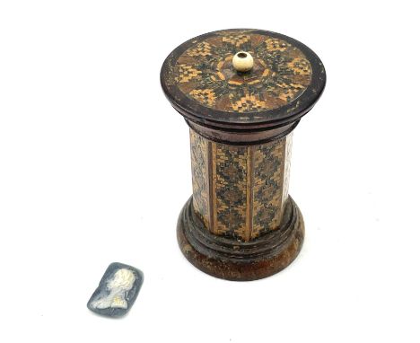 A Tunbridge ware 'go to bed', mid 19th century, of octagonal section with turned cover, height 6.5cm, together with a small w