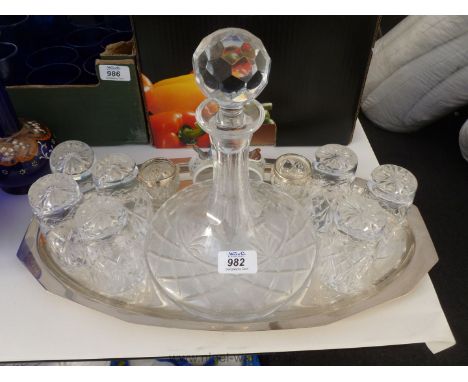 A Ship's Decanter and a quantity of glasses on a plated Tray, etc.